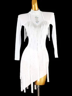 Costume de danse latine blanc pour femmes robe en Lycra et Spandex paillettes frange vêtements de danse latine