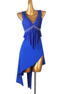Costume de danse latine bleu femmes strass frange moulante Sexy robe en Polyester vêtements de danse