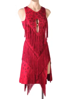 Costume de danse latine Bourgogne Femme Polyester Robe Dossier Sexy Frange Strass Strass Latin Dancer Dancing Porter
