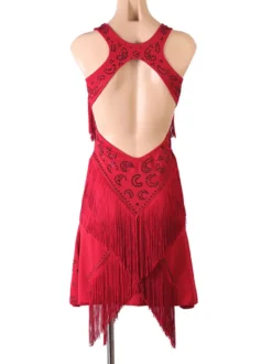 Costume de danse latine Bourgogne Femme Polyester Robe Dossier Sexy Frange Strass Strass Latin Dancer Dancing Porter