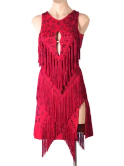 Costume de danse latine Bourgogne Femme Polyester Robe Dossier Sexy Frange Strass Strass Latin Dancer Dancing Porter