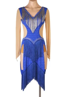 Costume de danse latine Costume Blue Femmes Polyester Robe Sexy Frange Strass Costume de danse latin danseuse