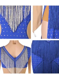 Costume de danse latine Costume Blue Femmes Polyester Robe Sexy Frange Strass Costume de danse latin danseuse