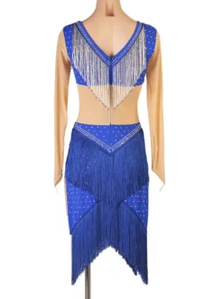 Costume de danse latine Costume Blue Femmes Polyester Robe Sexy Frange Strass Costume de danse latin danseuse