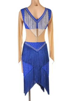 Costume de danse latine Costume Blue Femmes Polyester Robe Sexy Frange Strass Costume de danse latin danseuse