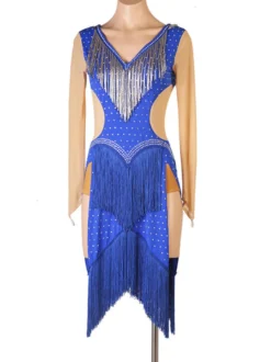 Costume de danse latine Costume Blue Femmes Polyester Robe Sexy Frange Strass Costume de danse latin danseuse