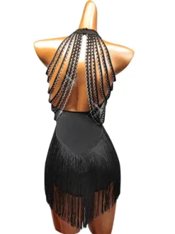 Costume de danse latine Femme Noir Frange Femme Volongé Bullon Sexy Polyester Robe Danse Porter