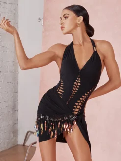 Costume de danse latine haut noir femme haut sexy en polyester Costume de danse