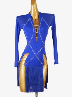 Costume De Danse Latine Manches Longues Robe Fendue Robe Lycra Spandex Bleu Royal Pour Femmes Vêtements De Danse