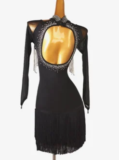 Costume de danse latine noir femme fendu devant paillettes Lycra Spandex robe Costume de danse