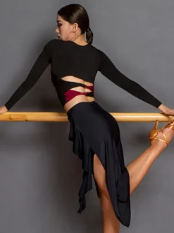 Costume de danse latine noir pour femmes jupe supérieure en Polyester dos nu vêtements de danse élégants pour danseuse latine
