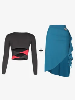 Costume de danse latine noir pour femmes jupe supérieure en Polyester dos nu vêtements de danse élégants pour danseuse latine