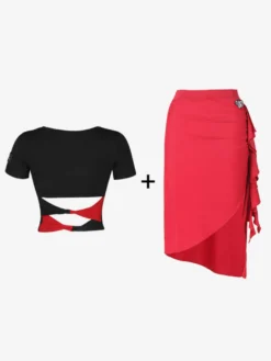 Costume de danse latine noir pour femmes ensemble asymétrique jupe élégante en Polyester haut Costume de danse