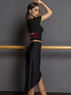 Costume de danse latine noir pour femmes ensemble asymétrique jupe élégante en Polyester haut Costume de danse