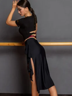 Costume de danse latine noir pour femmes ensemble asymétrique jupe élégante en Polyester haut Costume de danse