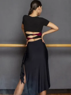 Costume de danse latine noir pour femmes ensemble asymétrique jupe élégante en Polyester haut Costume de danse