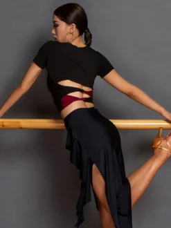 Costume de danse latine noir pour femmes ensemble asymétrique jupe élégante en Polyester haut Costume de danse