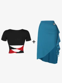 Costume de danse latine noir pour femmes ensemble asymétrique jupe élégante en Polyester haut Costume de danse