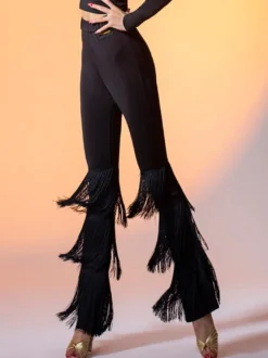 Costume de danse latine noir pour femmes pantalon en Polyester superposé frange élégante Costume de danse latine