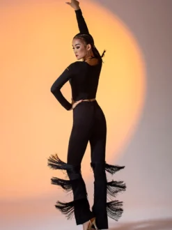 Costume de danse latine noir pour femmes pantalon en Polyester superposé frange élégante Costume de danse latine