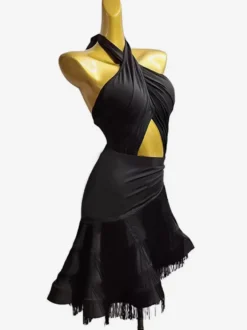 Costume de danse latine noir pour femmes robe en Lycra et spandex Sexy frange vêtements de danse latine