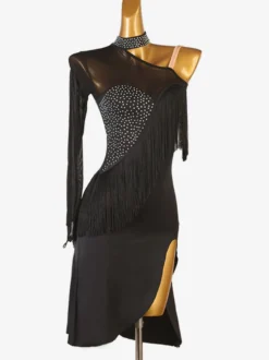 Costume De Danse Latine Noir Une Épaule Nu Manche Longue Robe Lycra Spandex Pour Femme Noire Costume De Danse Latine Sexy