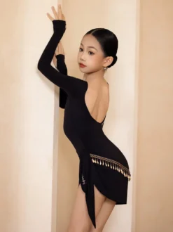 Costume de danse latine pour filles noires robe moulante à manches longues haut de costume de danse