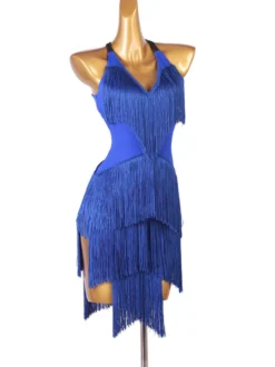 Costume de danse latine robe en polyester pour femmes bleues dos nu Sexy frange danseuse latine vêtements de danse