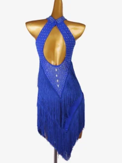 Costume De Danse Latine Robe Sans Manches Lycra Spandex Bleu Royal Femmes Dos Nu Sexy Strass