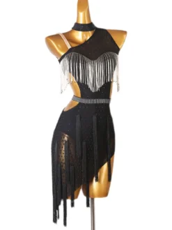 Costume de danse latine strass de femmes noires marginales sans dos bodycone robe polyester sexy costume de danse