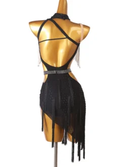 Costume de danse latine strass de femmes noires marginales sans dos bodycone robe polyester sexy costume de danse