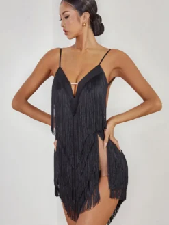 Costume de danse latine vert avocat robe à franges pour femmes robe Sexy en Polyester vêtements de danse