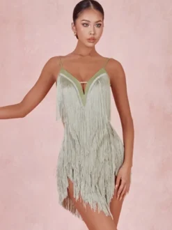 Costume de danse latine vert avocat robe à franges pour femmes robe Sexy en Polyester vêtements de danse