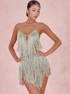 Costume de danse latine vert avocat robe à franges pour femmes robe Sexy en Polyester vêtements de danse