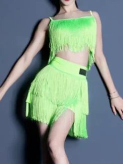 Costume de danse latine vert herbe pour femmes haut élégant en polyester à franges jupe vêtements de danse