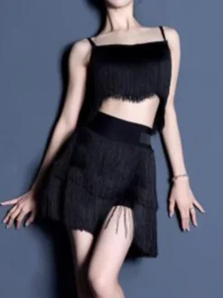 Costume de danse latine vert herbe pour femmes haut élégant en polyester à franges jupe vêtements de danse
