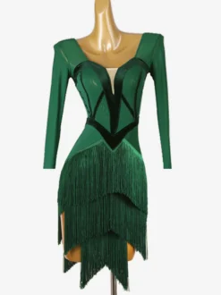 Costume de danse latine vert pour femmes robe élégante en Lycra et spandex Costume de danse