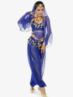 Costume de danse sans manches en mousseline de soie bleue pour femmes tenue de danse du ventre