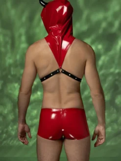 Costume de diable pour homme ensemble short et harnais à capuche en vinyle rouge tenue de cosplay pour Halloween et boîte de nuit
