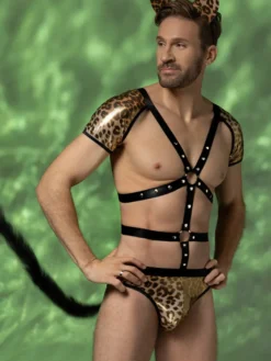 Costume de léopard pour homme ensemble harnais short queue et oreilles tenue de cosplay pour Halloween et soirées en boîte de nuit