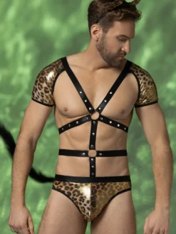 Costume de léopard pour homme ensemble harnais short queue et oreilles tenue de cosplay pour Halloween et soirées en boîte de nuit