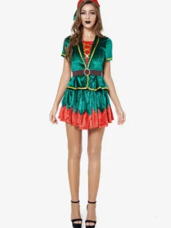 Costume de Noël pour femmes Robe en fibre de polyester vert Chapeau de couleur Bloc Costumes de vacances Ensemble complet