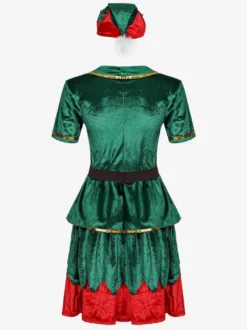 Costume de Noël pour femmes Robe en fibre de polyester vert Chapeau de couleur Bloc Costumes de vacances Ensemble complet