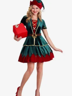 Costume de Noël pour femmes Robe en fibre de polyester vert Chapeau de couleur Bloc Costumes de vacances Ensemble complet