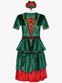 Costume de Noël pour femmes Robe en fibre de polyester vert Chapeau de couleur Bloc Costumes de vacances Ensemble complet