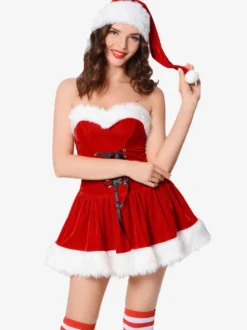 Costume de Noël pour les femmes Robe en fibre de polyester rouge Chapeau Polyester Color Block Costumes de vacances Ensemble complet