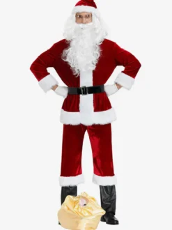 Costume De Père Noël Hommes Ensemble Complet Rouge Polyester Fibre Chapeau Gants Costumes De Vacances De Noël Cadeau Noël Déguisement