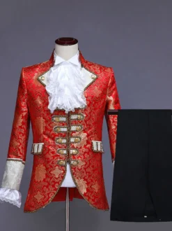 Costume de prince victorien pour homme costume de broderie de luxe costume de carnaval rouge vintage à manches longues à fleurs costumes rétro pour homme