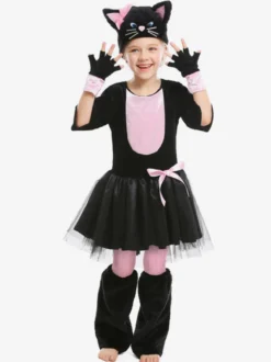 Costume De Rôle D'animal Halloween Cosplay Déguisement Chat Noir Rose Nœud