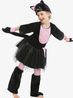 Costume De Rôle D'animal Halloween Cosplay Déguisement Chat Noir Rose Nœud